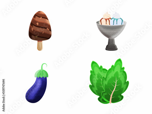 Vegetable And Dessert Crafting Food Element Set With Eggplant And Ice Cream.