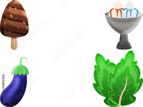 Vegetable And Dessert Crafting Food Element Set With Eggplant And Ice Cream.
