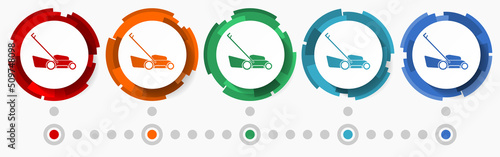 Lawn mower concept vector icon set, flat design pointers, infographic template