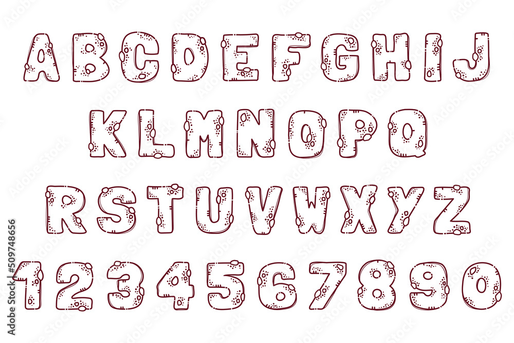 Gingerbread cartoon alphabet. Font from letters and numbers in the form of gingerbread with chocolate chips. Cookie lettering. Isolated objects for books, textile, cards. Vector cartoon style. Gingerbread cartoon alphabet. Font from letters and numbers in the form of gingerbread with chocolate chips. Cookie lettering. Isolated objects for books, textile, cards. Vector cartoon style.