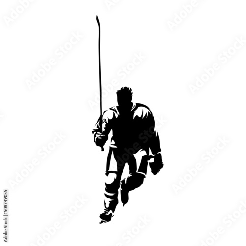 Ice hockey player greets fans, isolated vector silhouette, ink drawing. Ice hockey logo. Front view. Three stars, best player in the game
