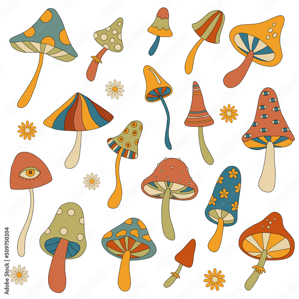 Set of retro hippie mushrooms in 60s 70s. Retro 70's psychedelic groovy mushroom. Vintage boho illustrations. Vector illustration isolated on a white background. Set of retro hippie mushrooms in 60s 70s. Retro 70's psychedelic groovy mushroom. Vintage boho illustrations. Vector illustration isolated on a white background.