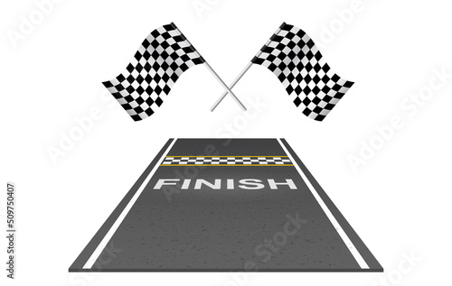 Race car track with finish line and flags perspective view. Road design template in flat style background. Vector Kart race. Abstract concept graphic element