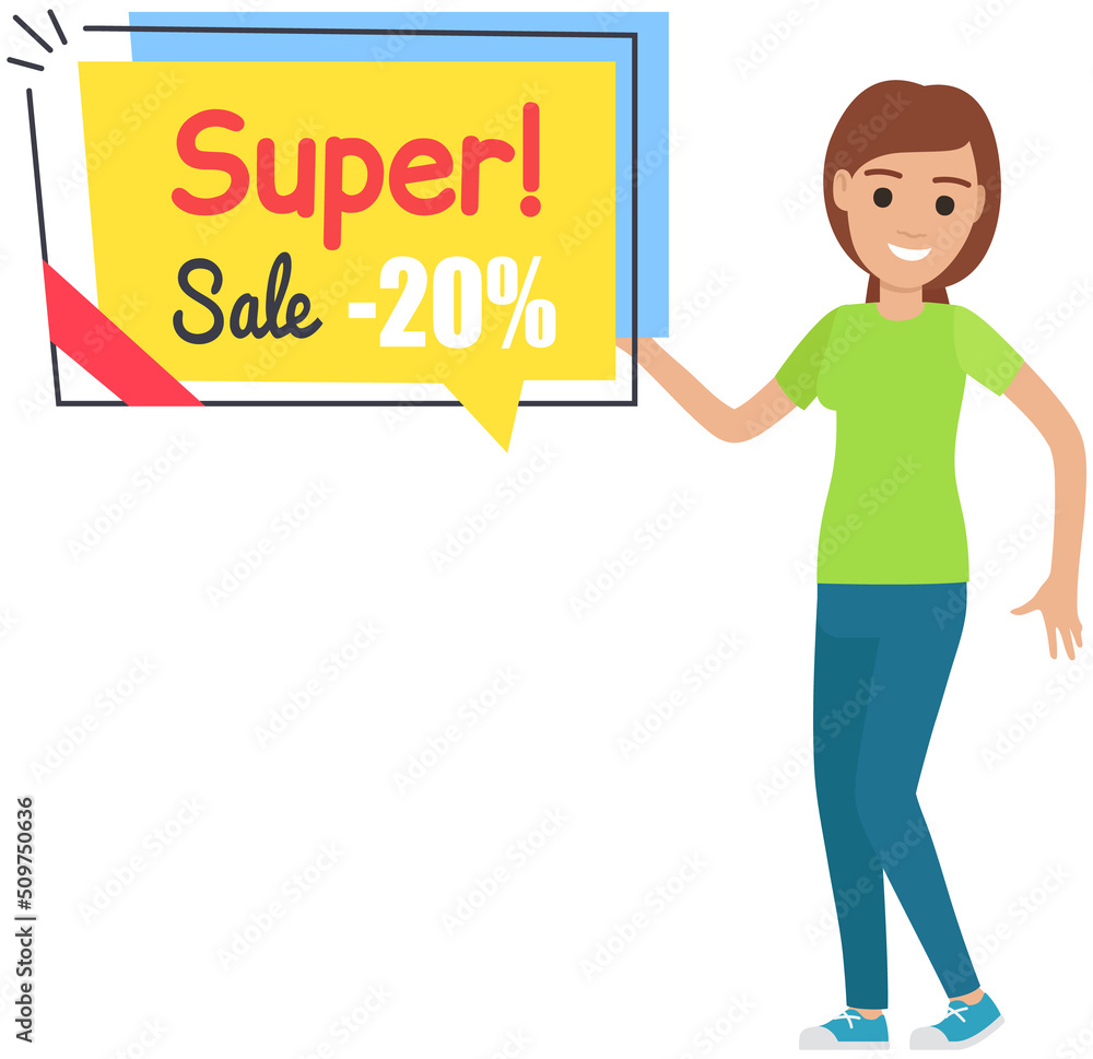 Sale banner with woman dancing near advertising poster. Shopping time promotional style. Lady rejoices in discounts and exclusive offer in store. Female character in dance to sale advertisement Sale banner with woman dancing near advertising poster. Shopping time promotional style. Lady rejoices in discounts and exclusive offer in store. Female character in dance to sale advertisement