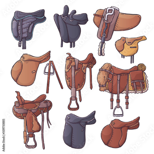 Different types of horse riding saddles. Collection equestrian ammunition - dressage, show jumping, universal, vaulting, Australian, drill, western, race and lady's saddles. Set elements for horses.