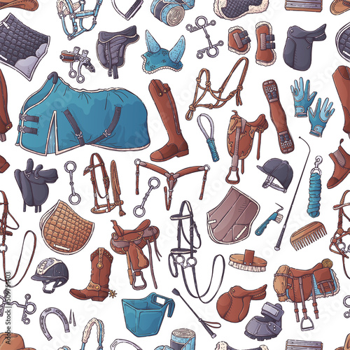 Horse ammunition and rider clothing. Seamless pattern of equestrian equipment for wrapping, backgrounds, wallpapers, textile composition. Elements for horses. Vector hand drawn style illustration.