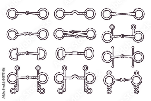Different kinds of snaffles. Collection equestrian equipment for backgrounds, wallpapers, textile, postcards, t-shirt prints. Set elements for horses. Vector hand drawn style illustration.