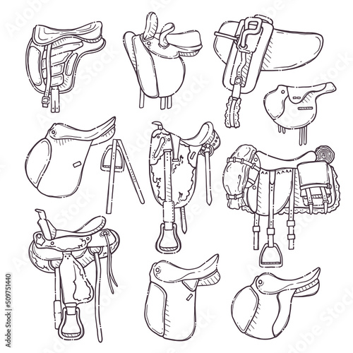 Different types of horse riding saddles. Collection equestrian ammunition - dressage, show jumping, universal, vaulting, Australian, drill, western, race and lady's saddles. Set elements for horses.