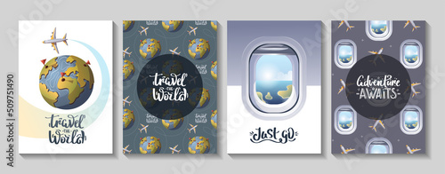 Set of cards for travel, tourism, adventure, journey. Airplane and globe, plane window, handwritten lettering. Vector illustration. Postcard, cover, poster template.