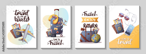Set of cards for travel, tourism, adventure, journey. Suitcase, airplane and globe, camera, travel bag, passport and tickets, handwritten phrases. Vector illustration, postcar, cover, poster template.