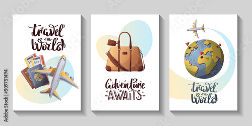 Set of cards for travel, tourism, adventure, journey. Airplane and globe, travel bag, passport and tickets, handwritten phrases. Vector illustration, postcar, cover, poster template.