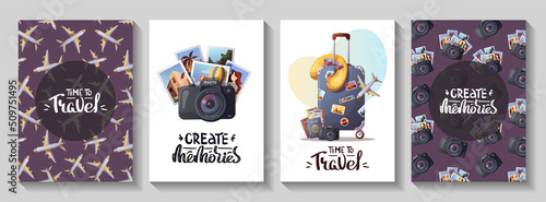 Set of travel cards for tourism, adventure, journey concept. Airplane,  suitcase, camera, handwritten phrases. Vector illustration. Postcar, cover, poster.
