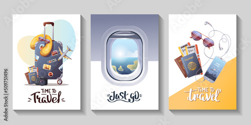 Set of cards for travel, tourism, adventure, journey. Suitcase, airplane, camera, passport and tickets, plane window, handwritten phrases. Vector illustration, postcar, cover, poster template.