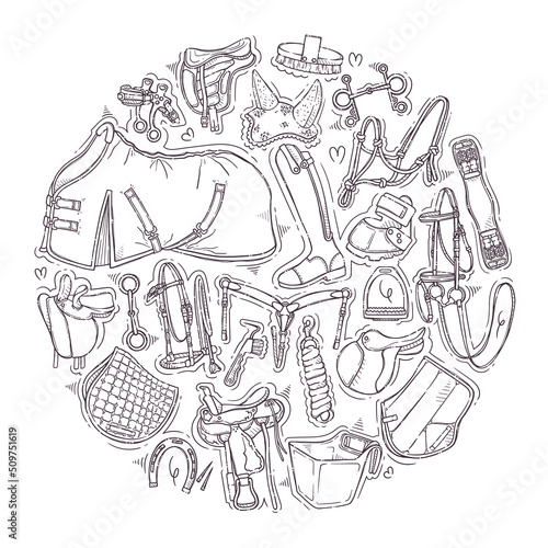 Hand drawn equestrian equipment collection Vector. Horse ammunition. Rider clothing.
