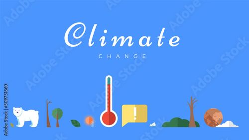 Climate change vector banner template. North Pole, melting glaciers, polar bear on ice floe. Global warming, sea level rise, nature damage. World Environment day. Ecology hazards, air pollution
