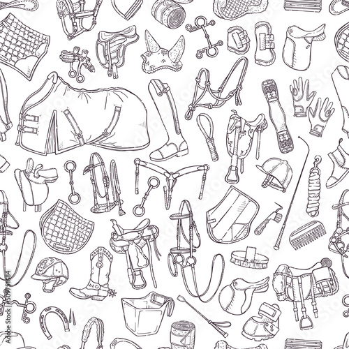 Horse ammunition and rider clothing. Seamless pattern of equestrian equipment for wrapping, backgrounds, wallpapers, textile composition. Elements for horses. Vector hand drawn sketch.