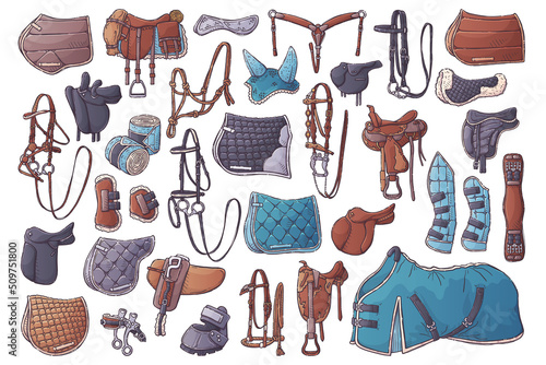 Big collection equestrian equipment. Horse ammunition and rider clothing for backgrounds, wallpapers, textile, postcards, t-shirt prints. Set elements for horses. Vector hand drawn style illustration.