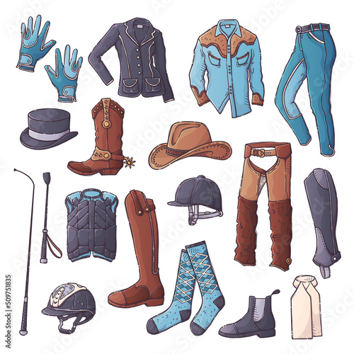 Big collection equestrian equipment. Horse ammunition and rider clothing for backgrounds, wallpapers, textile, postcards, t-shirt prints. Set elements for horses. Vector hand drawn style illustration.