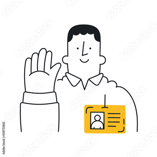 Employee with id badge waving hand gesture to say hello. Outline, linear, thin line, doodle art. Simple style with editable stroke.