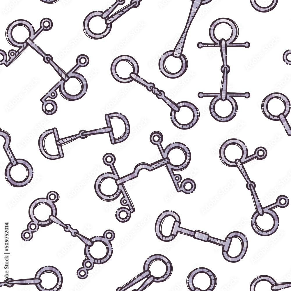 Different kinds of snaffles. Seamless pattern for wrapping, backgrounds, wallpapers, textile composition. Vector hand drawn style illustration. Different kinds of snaffles. Seamless pattern for wrapping, backgrounds, wallpapers, textile composition. Vector hand drawn style illustration.