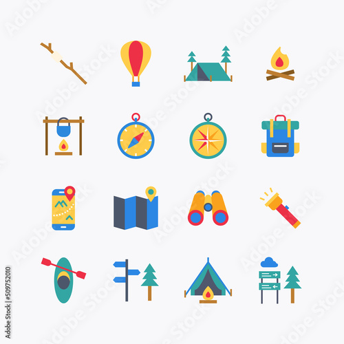 Bundle of summer camp activity flat line icons collection. simple  design vector
