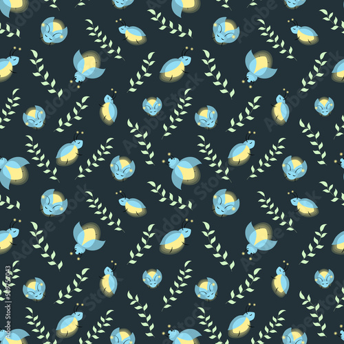 Cute cartoon fireflies and leaves seamless pattern