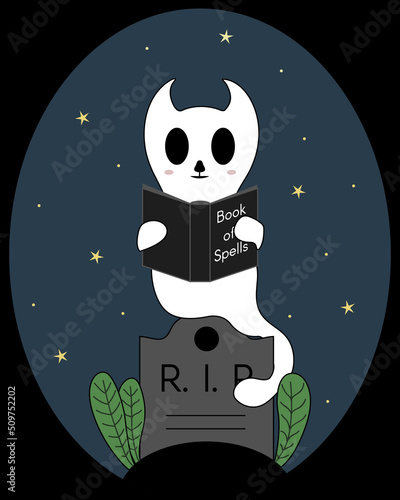 Cute ghost cat reading Book of spells. Halloween night