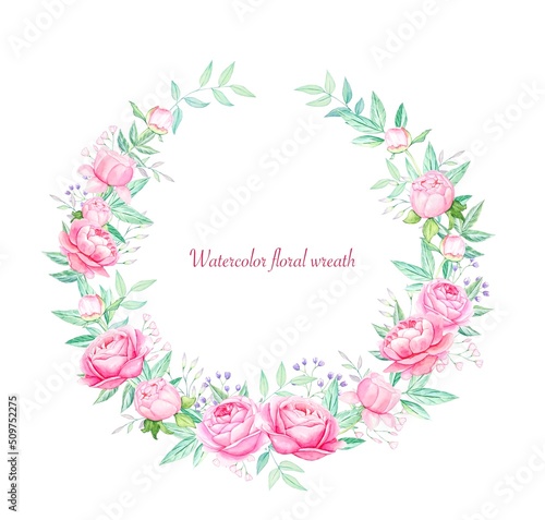Watercolor floral wreath with peonies ,leaves . For wedding invitations.