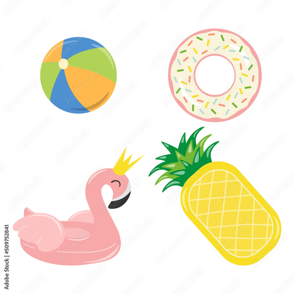 Flamingo and donut shaped inflatable pool ring, pineapple shaped inflatable mattress, water play ball. Summer elements. Vector image