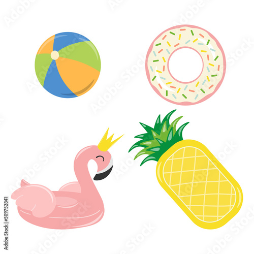 Flamingo and donut shaped inflatable pool ring  pineapple shaped inflatable mattress  water play ball. Summer elements. Vector image