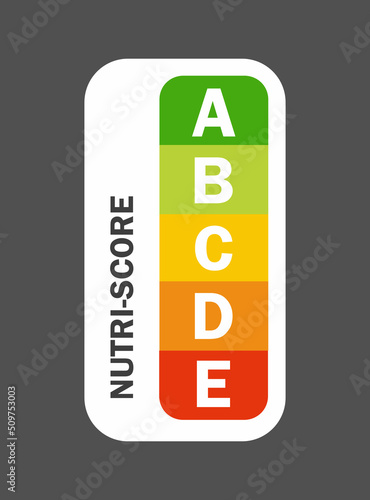 Nutri-score vertical icons set. Isolatad Nutriscore stickers for packaging on white background. Food rating system signs : A, B, C, D, E. Vector illustration.