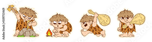 A set of funny stickers of a prehistoric primitive man, dynamic figures of a character in a cartoon style. Stickers, decals, characters for animation. Vector illustration