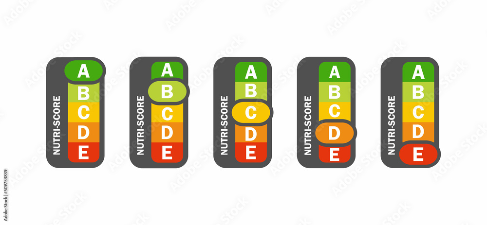 Nutri-score vertical icons set. Isolatad Nutriscore stickers for packaging on white background. Food rating system signs : A, B, C, D, E. Vector illustration. Nutri-score vertical icons set. Isolatad Nutriscore stickers for packaging on white background. Food rating system signs : A, B, C, D, E. Vector illustration.