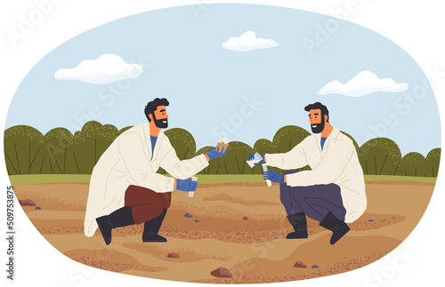 People exploring nature, analyze soil. Researchers take samples of biomaterial. Environmental and ecology research. Scientists conduct ecological experiment. Explorers work in forest or park