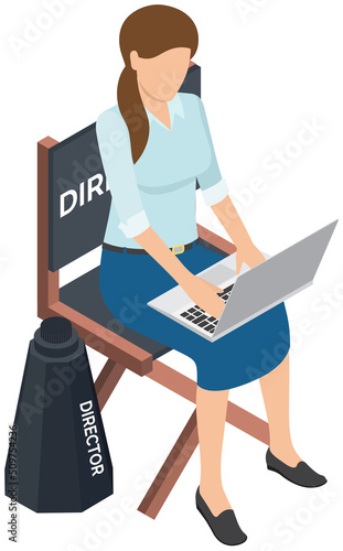 Female film director sitting with laptop and giving instructions to movie filming crew member. Fim creation process. Special effects. Entertainment and cinema industry in hollywood. Cinematography