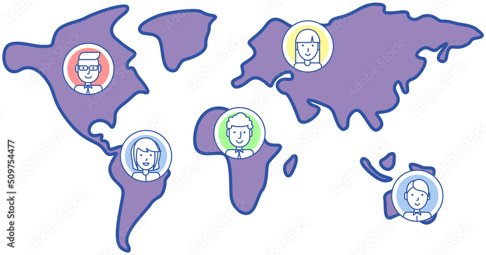 High detailed world map with user profile icons. Program for navigation ...