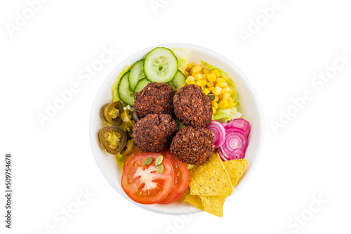 Falafel with vegetables and nachos. Isolated. Top view