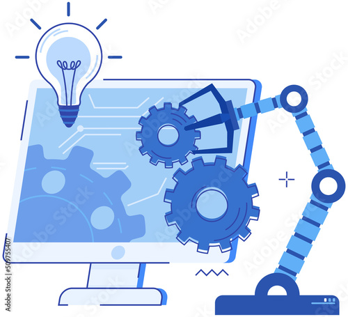 Automation business process. Conducting experiments artificial intelligence for startup development. Robotic arm lifting weights, production work. Modern technologies new business project