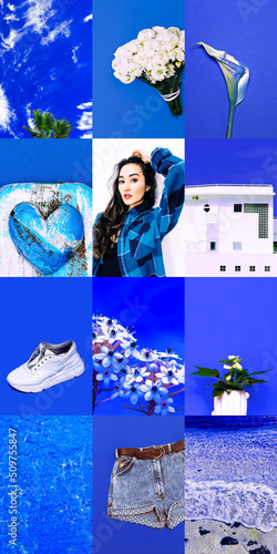 Set of trendy aesthetic photo collages. Minimalistic images of one top color. Fashion lBlue summer moodboard photo