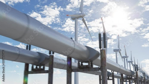 Alternative and renewable energy with innovative wind turbines and credible gas main pipeline with lng. Two kind of the energy production and transportation for industrial and business needs, 3d loop.