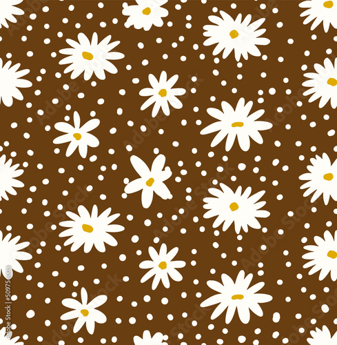 Abstract Hand Drawing Daisy Ditsy Chamomile Flowers and Dots Seamless Vector Pattern Isolated Background 