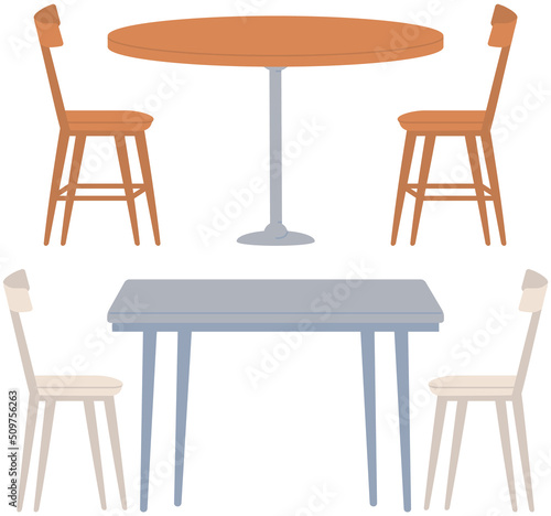 Place for two in cafe or restaurant. Table with chairs, furniture and interior elements. Organization of place for meeting or date. Dining table and wooden chairs isolated on white background