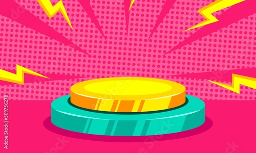 Comic pink background with cartoon podium stage