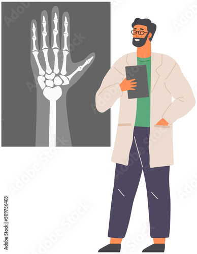 Doctor analyzes results of medical checkup. Male scientist looking at x-ray of human hand vector illustration. Treatment, health care, diagnosis concept. Specialist diagnoses patient by roentgen