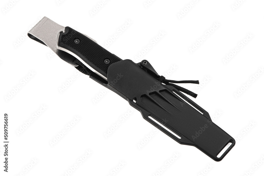 Modern hunting knife with silver blade and rubber handle. Steel arms. Isolate on a white back Modern hunting knife with silver blade and rubber handle. Steel arms. Isolate on a white back