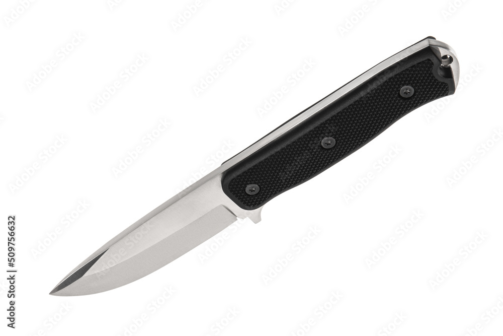 Modern hunting knife with silver blade and rubber handle. Steel arms. Isolate on a white back Modern hunting knife with silver blade and rubber handle. Steel arms. Isolate on a white back