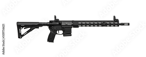 Modern automatic rifle isolated on white. Weapons for police, special forces and the army. Automatic carbine with mechanical sights.