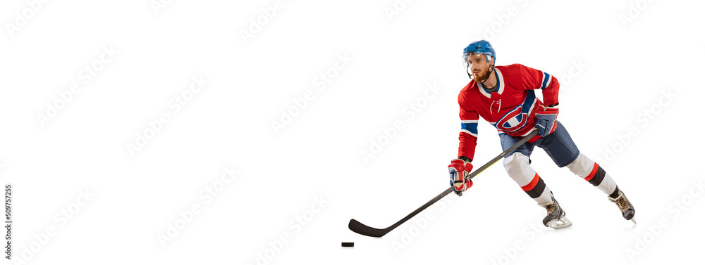 Obraz premium Flyer with young male hockey player in sports uniform and protective equipment training isolated on white background. Concept of sport, health, motion, movement, action.