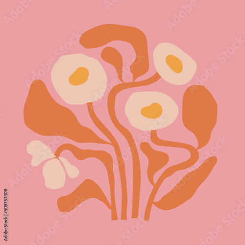 Abstract flowers poster in groovy trippy funky style. Organic shapes aesthetic wall art in trendy pink pallete. Curvy psychedelic summer floral decoration.