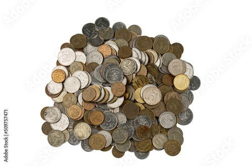 Heap of Russian coins isolated on white background with clipping patch